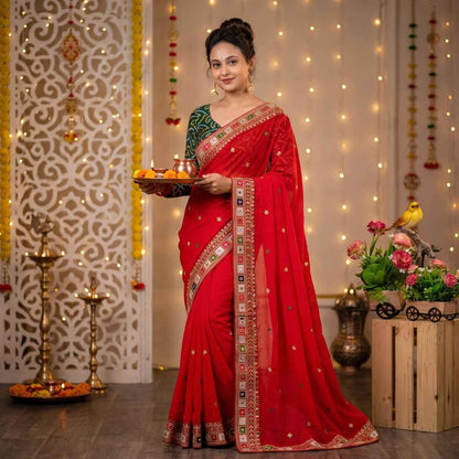 Faux Georgette Mirror Work Saree