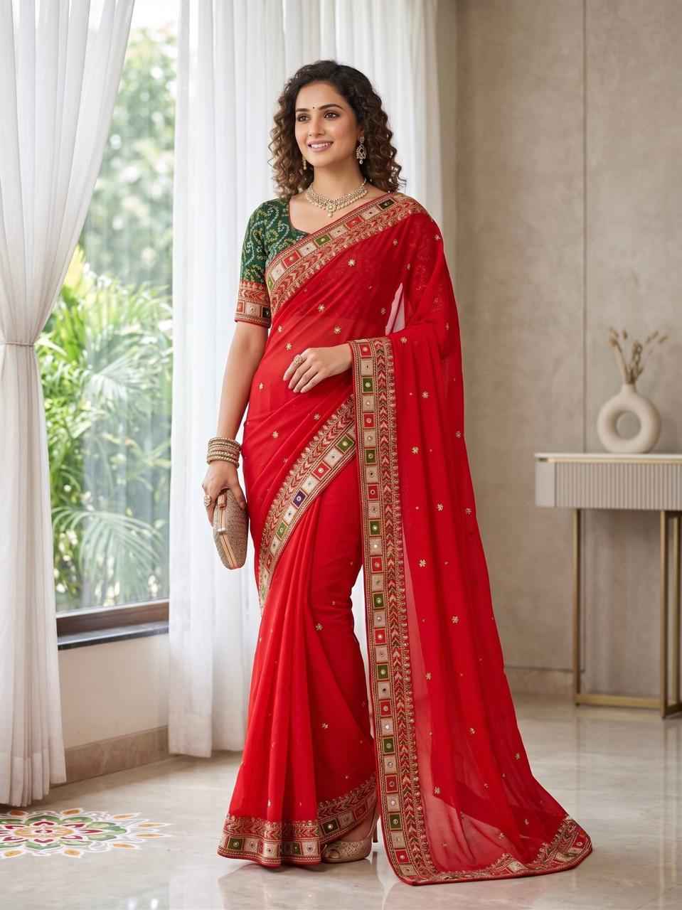 Faux Georgette Mirror Work Saree