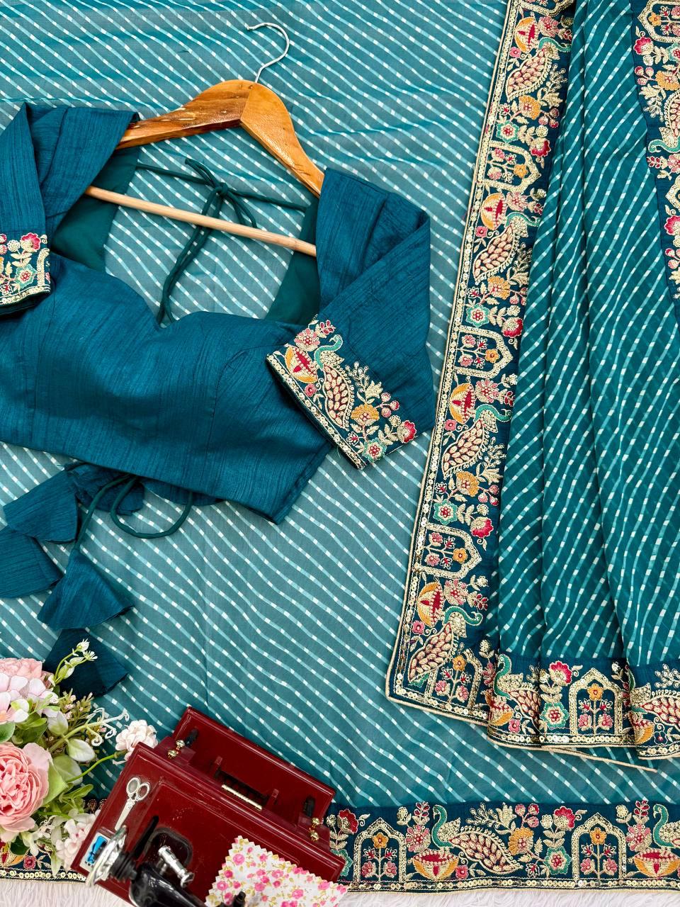 Detailed view of zero point eighty meter unstitched peacock blue heavy mono silk blouse piece with embroidery - WishTown Fashion Club