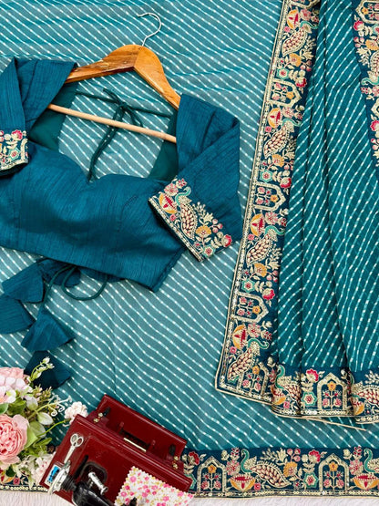 Detailed view of zero point eighty meter unstitched peacock blue heavy mono silk blouse piece with embroidery - WishTown Fashion Club