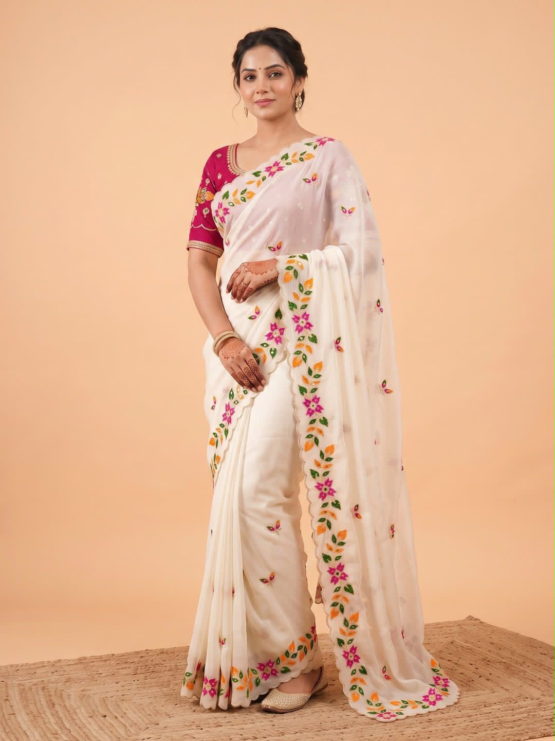 Front view of full white shining georgette diamond work saree paired with contrast embroidery blouse piece - WishTown Fashion Club