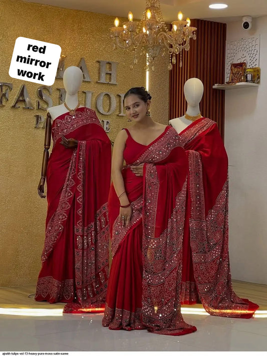 Front view of red pure ajrakh viscose satin silk saree with original mirror work and designer printed blouse - WishTown Fashion Club