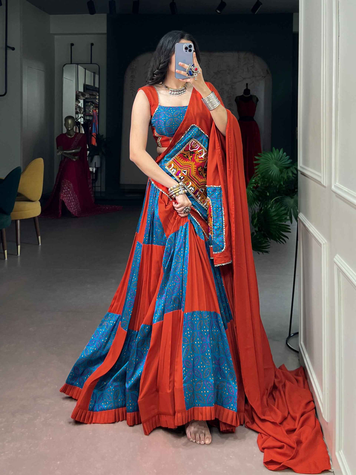 Rayon Tasar Silk Gamthi Mirror Lehenga