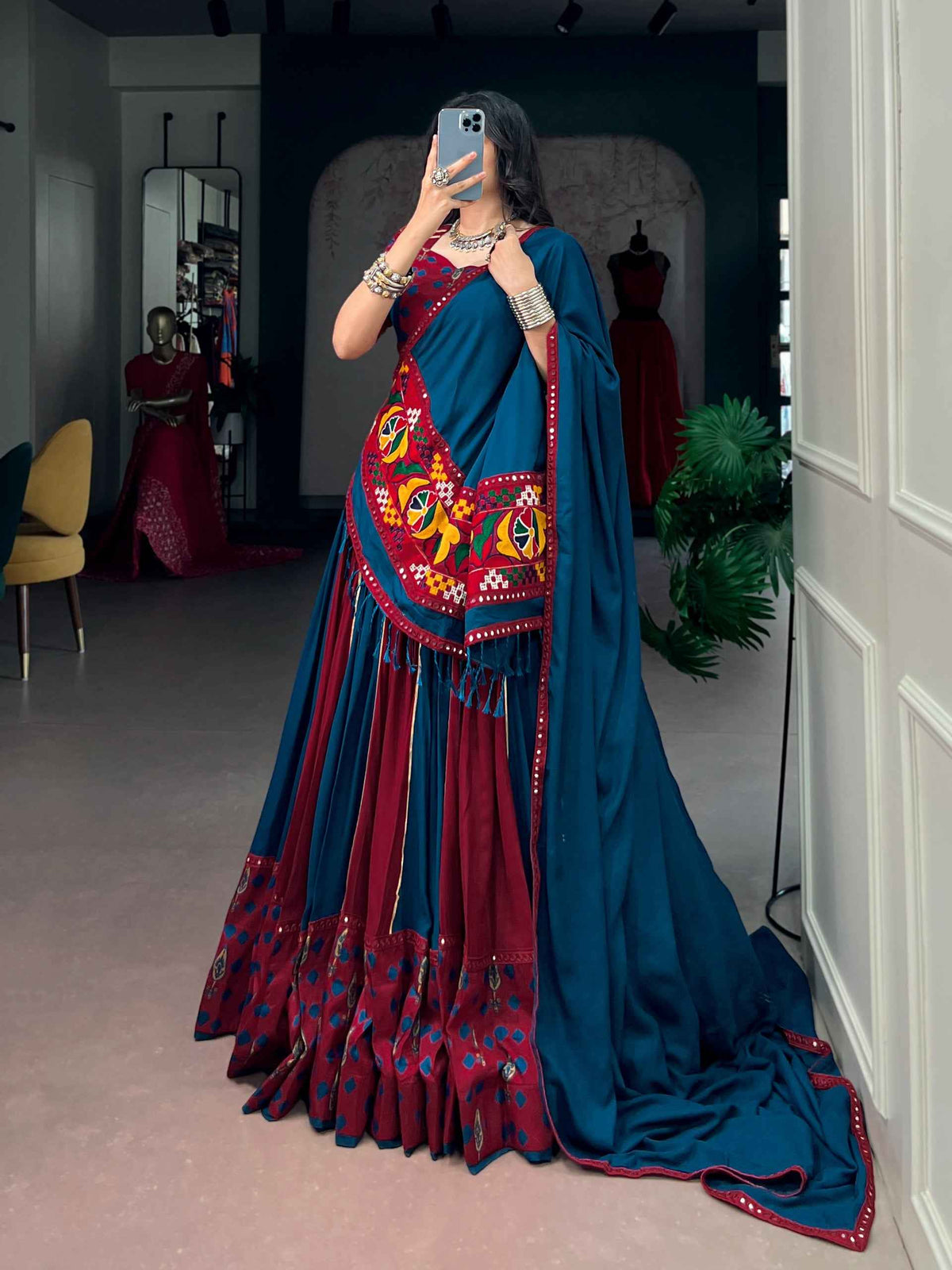 Rayon Tasar Silk Gamthi Mirror Lehenga