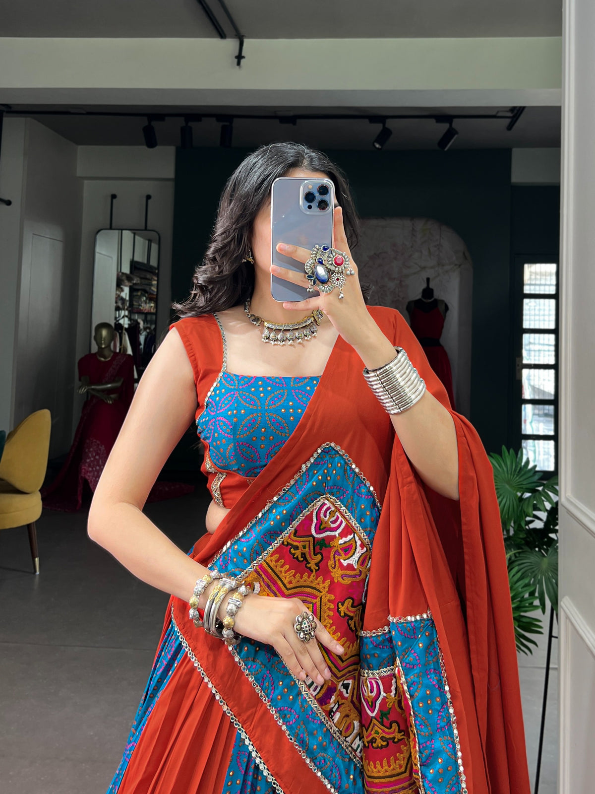 Rayon Tasar Silk Gamthi Mirror Lehenga