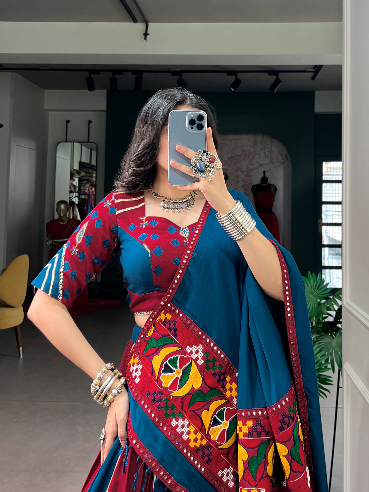 Rayon Tasar Silk Gamthi Mirror Lehenga