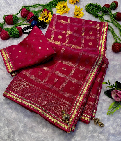 Front view of dark pink premium georgette foil print uniform saree with matching blouse - WishTown Fashion Club