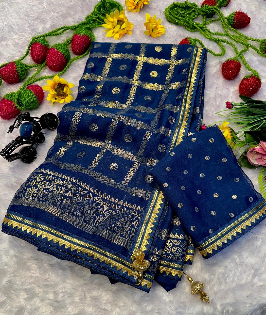Front view of peacock blue premium georgette foil print uniform saree with matching blouse - WishTown Fashion Club