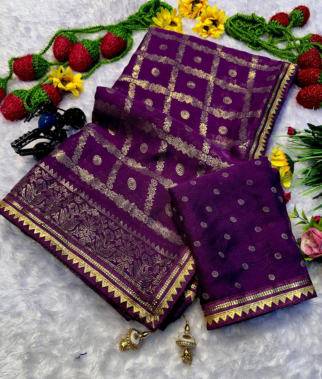 Front view of purple premium georgette foil print uniform saree with matching blouse - WishTown Fashion Club