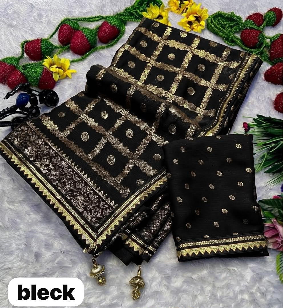 Front view of black premium georgette foil print uniform saree with matching blouse - WishTown Fashion Club