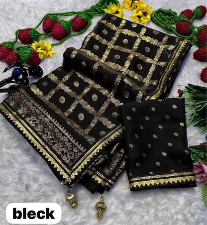 Front view of black premium georgette foil print uniform saree with matching blouse - WishTown Fashion Club