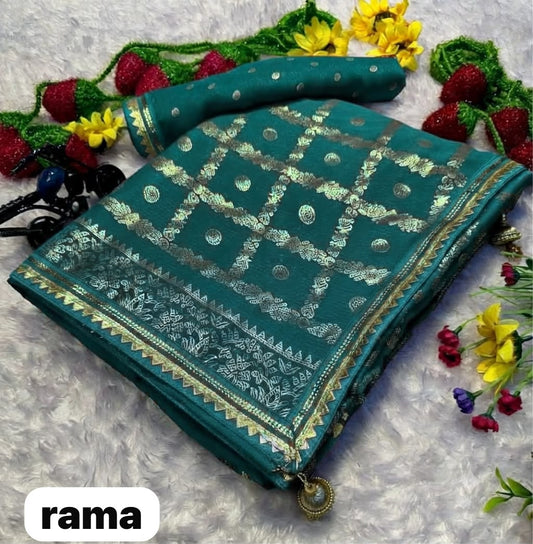 Front view of rama green premium georgette foil print uniform saree with matching blouse - WishTown Fashion Club