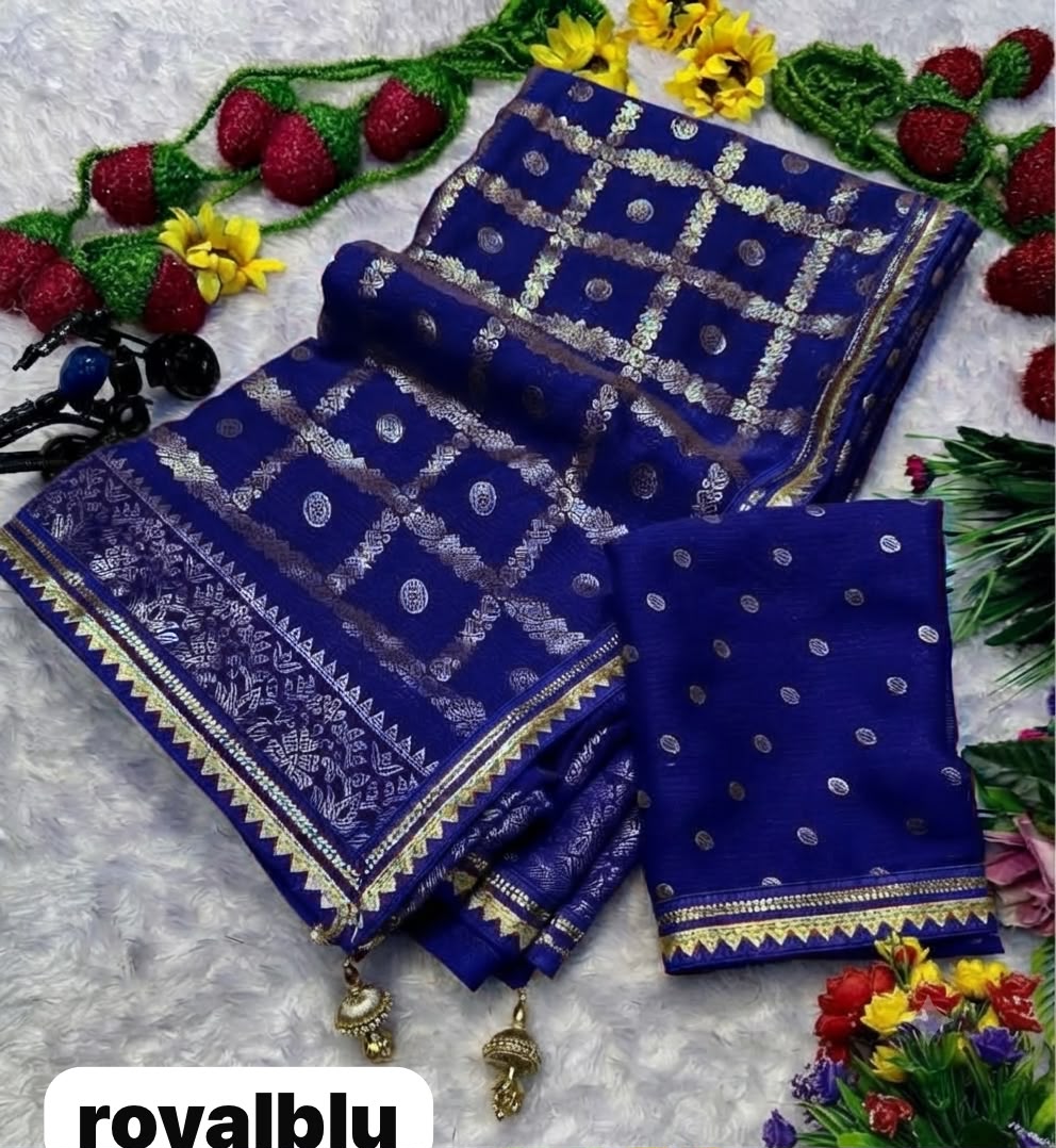 Front view of aqua blue premium georgette foil print uniform saree with matching blouse - WishTown Fashion Club