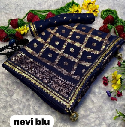 Front view of navy blue premium georgette foil print uniform saree with matching blouse - WishTown Fashion Club