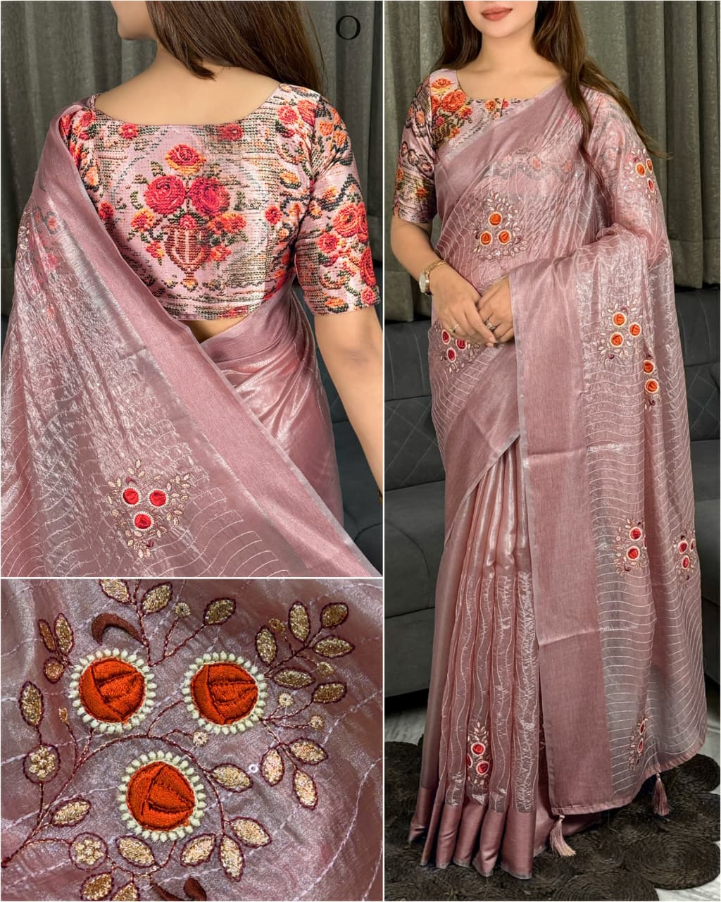 Front view of onion pink tissue silk blade cutwork saree with contrast japan satin printed blouse - WishTown Fashion Club