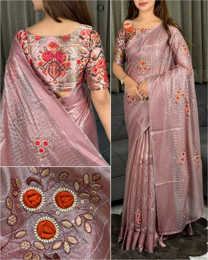 Front view of onion pink tissue silk blade cutwork saree with contrast japan satin printed blouse - WishTown Fashion Club
