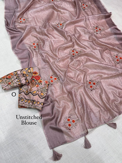 Side profile view of onion pink tissue silk saree showing subtle shine and elegant drape - WishTown Fashion Club