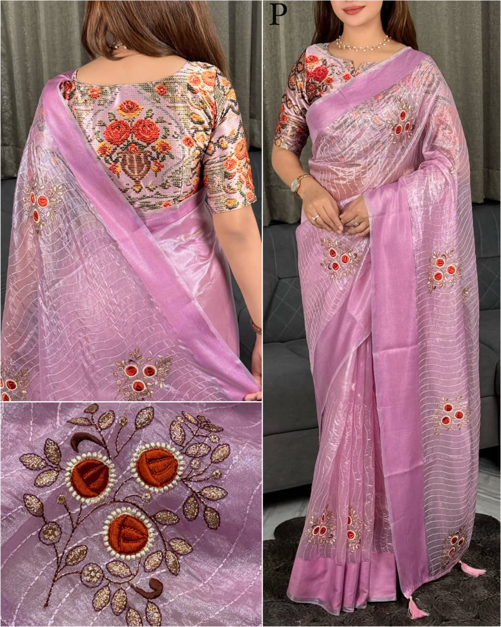 Front view of lavender tissue silk blade cutwork saree with contrast japan satin printed blouse - WishTown Fashion Club