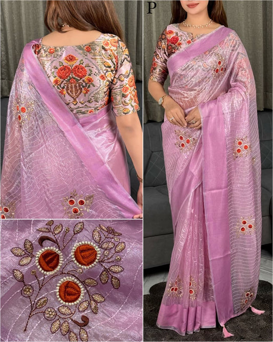 Front view of lavender tissue silk blade cutwork saree with contrast japan satin printed blouse - WishTown Fashion Club