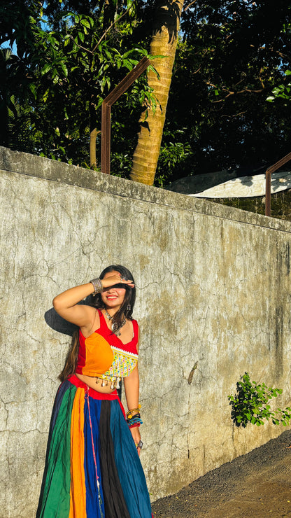 Full length shot of multi colour rayon gotta patti lehenga displaying forty-two inch height and royal drape - WishTown Fashion Club