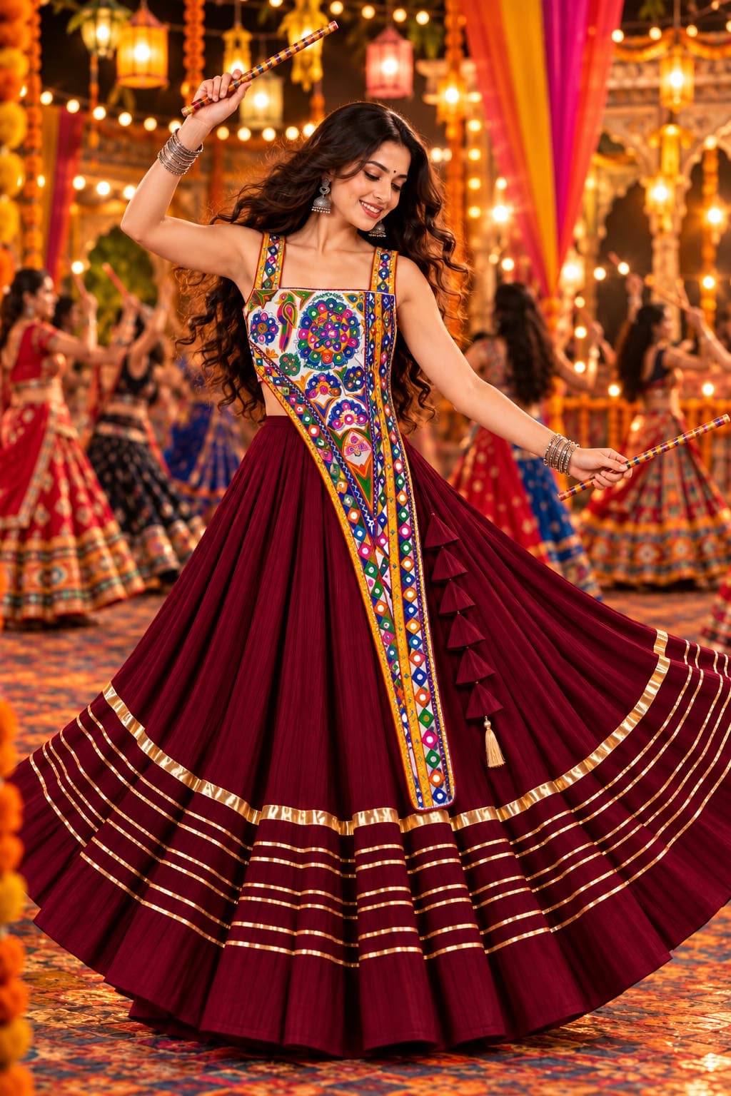 Front view of maroon rayon cotton heavy lace chaniya choli with matching blouse - WishTown Fashion Club