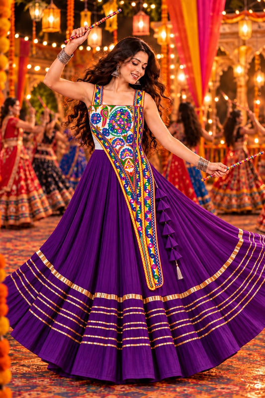 Front view of purple rayon cotton heavy lace chaniya choli with matching blouse - WishTown Fashion Club