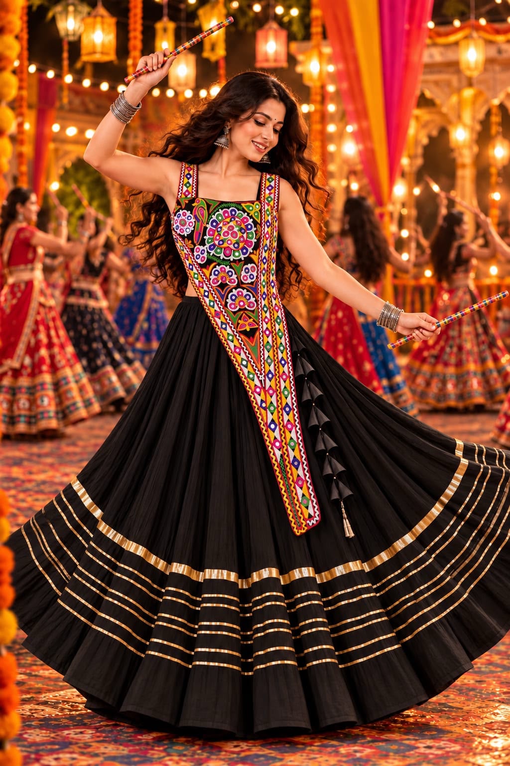 Front view of black rayon cotton heavy lace chaniya choli with matching blouse - WishTown Fashion Club