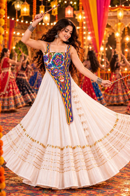 Front view of white rayon cotton heavy lace chaniya choli with matching blouse - WishTown Fashion Club