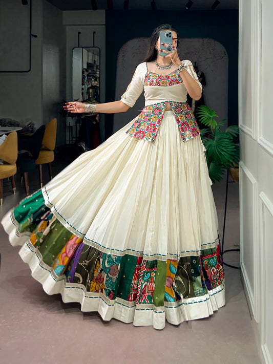 Front view of off white khadi cotton gamthi work lehenga choli with multicolor panel border - WishTown Fashion Club