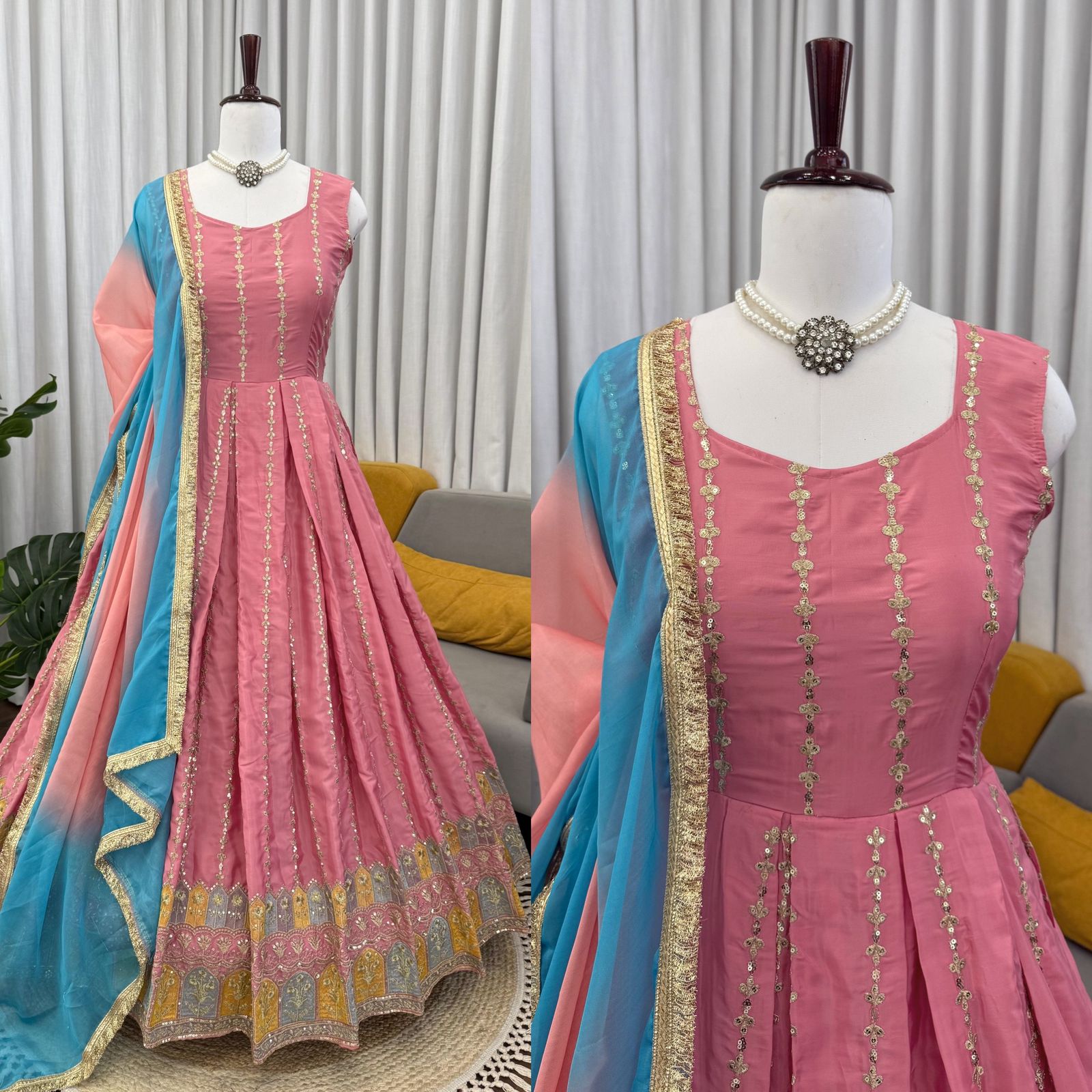Anarkali Gown with Pant and Dupatta set - WishTown Fashion Club®
