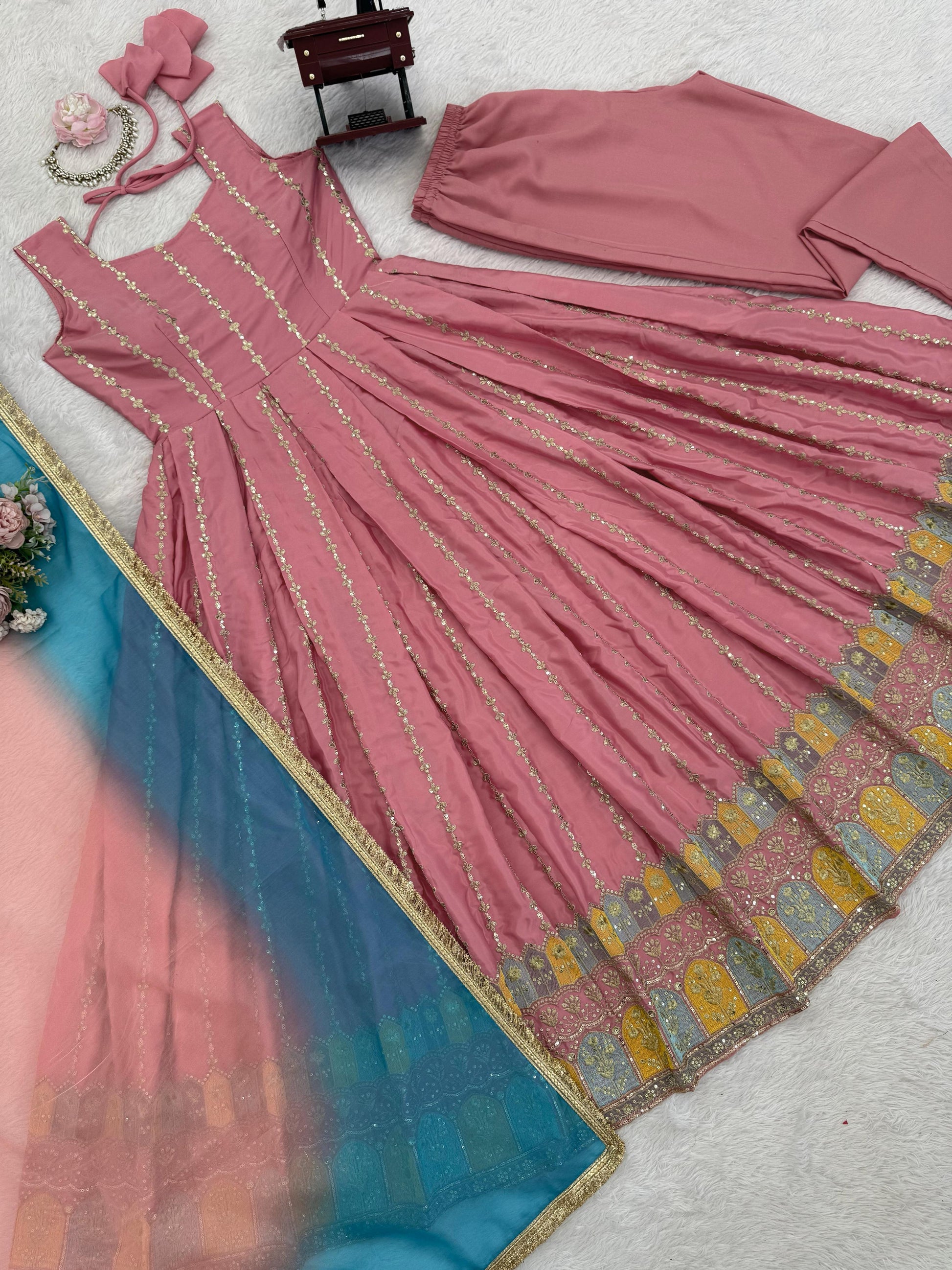 Anarkali Gown with Pant and Dupatta set - WishTown Fashion Club®