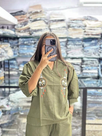 Khaki embroidered cotton cord set premium 2 piece showroom style collection - WishTown Fashion Club