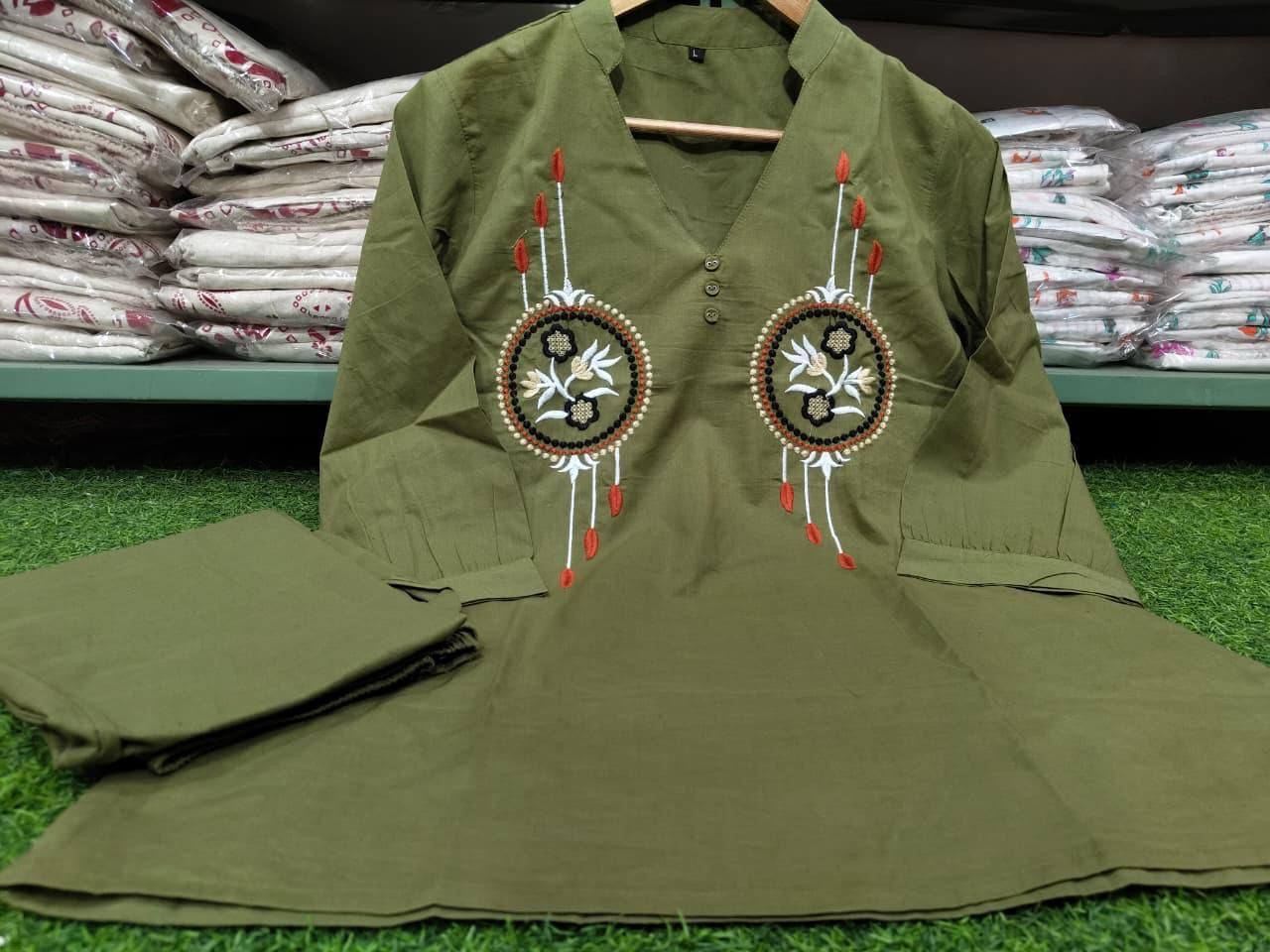 Women khaki cotton co ord set with heavy embroidery detailing for office and casual wear - WishTown Fashion Club