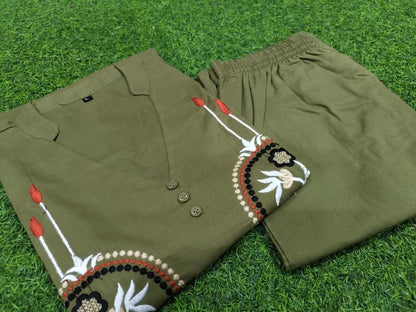 Khaki cotton 60x60 cord set with rich embroidery available in M L XL XXL 3XL - WishTown Fashion Club