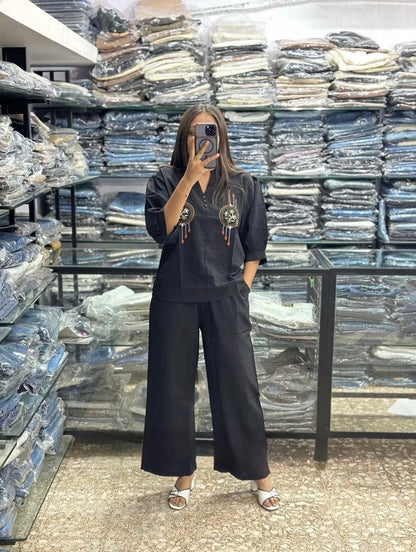 Black pure cotton 60x60 co ord set with heavy embroidery premium ethnic outfit - WishTown Fashion Club