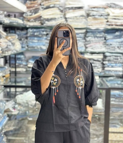 Black premium cotton cord set 60x60 fabric with elegant embroidery work available in M L XL XXL 3XL - WishTown Fashion Club