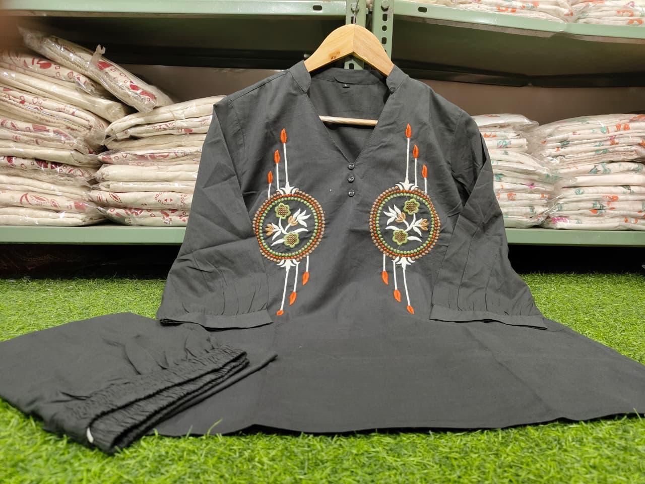 Black embroidered cotton cord set stylish 2 piece breathable fabric for women - WishTown Fashion Club