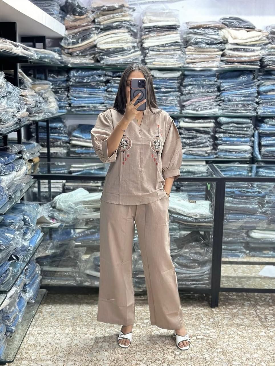 Off white pure cotton 60x60 co ord set with heavy embroidery work premium women outfit - WishTown Fashion Club