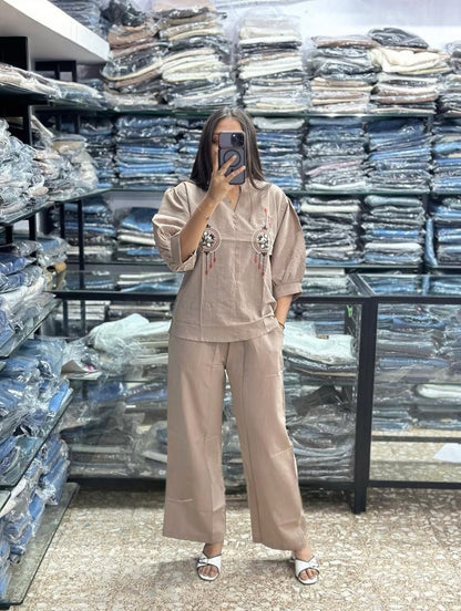 Off white pure cotton 60x60 co ord set with heavy embroidery work premium women outfit - WishTown Fashion Club