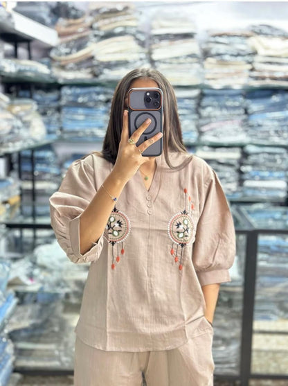 Off white cotton 60x60 cord set with premium embroidery available in M L XL XXL 3XL - WishTown Fashion Club