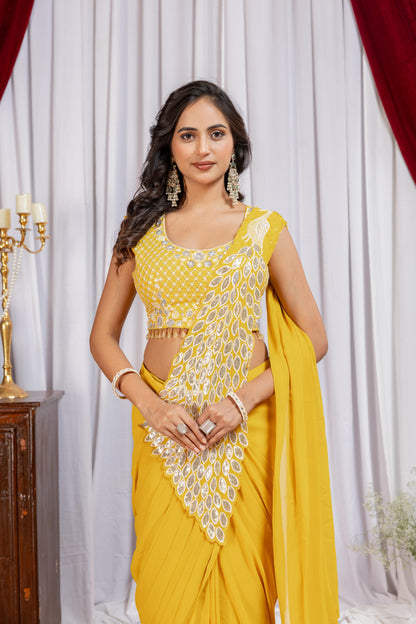 Yellow festive designer saree with fully embroidered blouse full view - WishTown Fashion Club