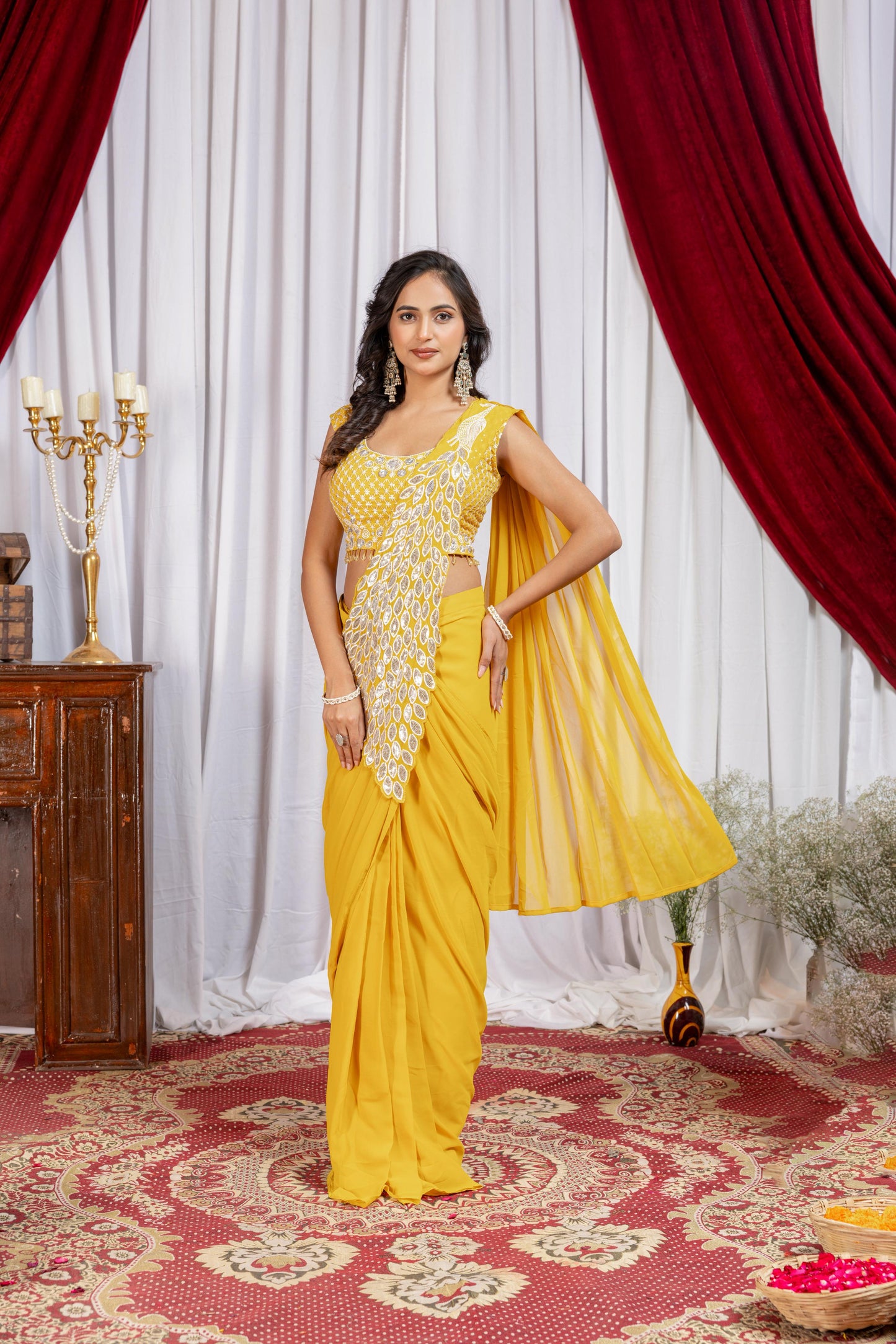 Yellow faux georgette ready to wear saree with sequins embroidery front look - WishTown Fashion Club