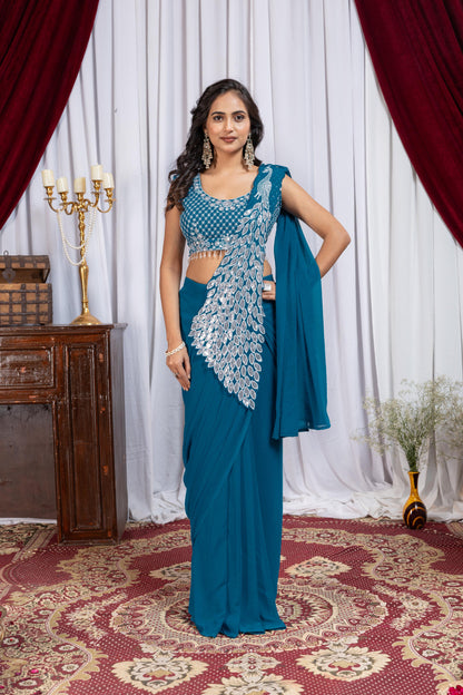 Blue faux georgette ready to wear saree with heavy embroidery front view - WishTown Fashion Club