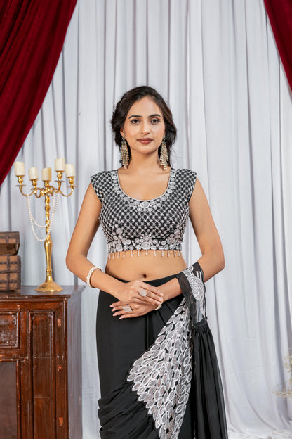 Dark green embroidered saree with designer blouse elegant festive style - WishTown Fashion Club