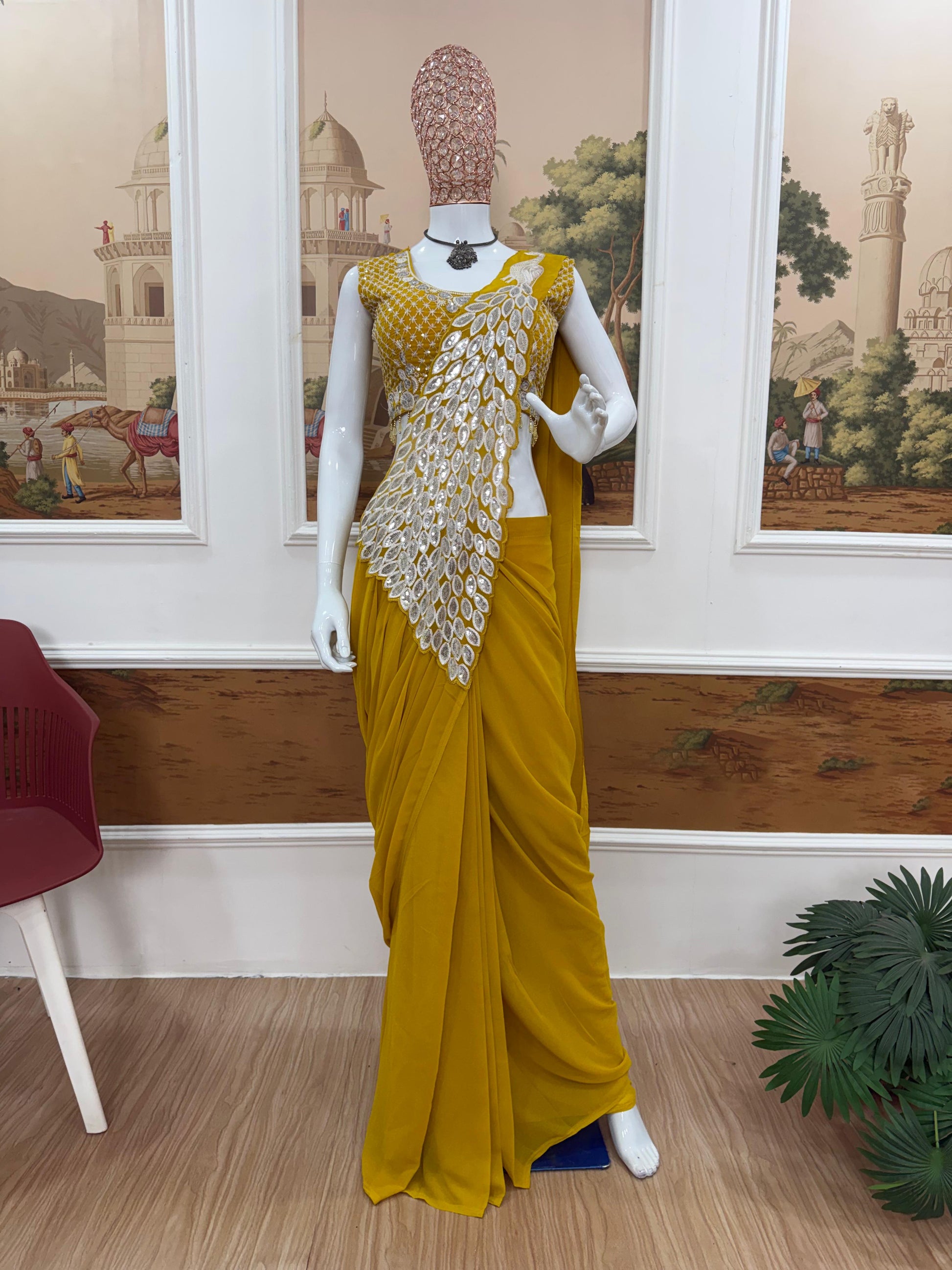 Yellow party wear saree thread and sequins work detailed close up - WishTown Fashion Club