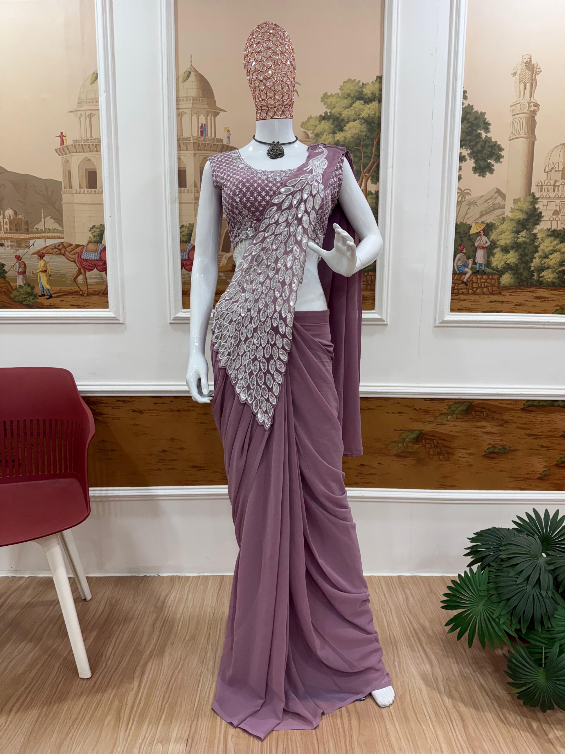 Dusty purple designer saree with fully stitched embroidered blouse full view - WishTown Fashion Club