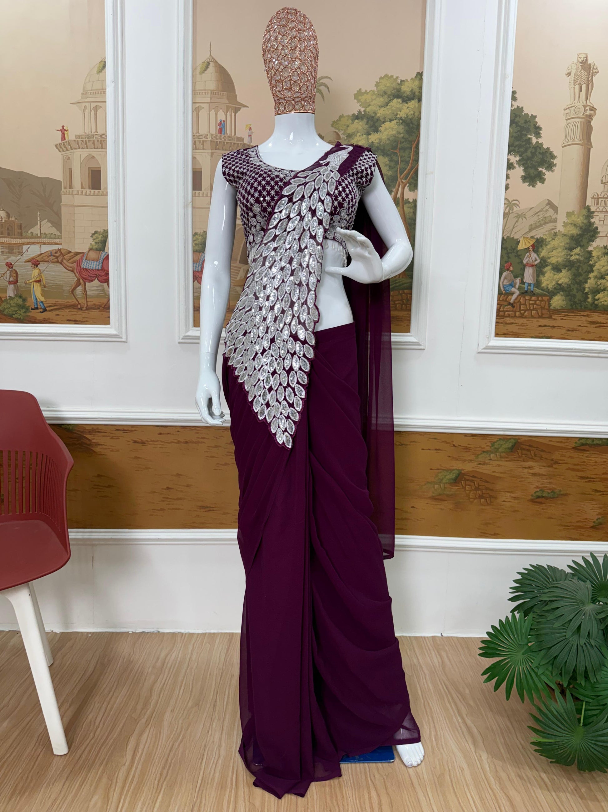 Wine festive saree thread work detailing close up - WishTown Fashion Club