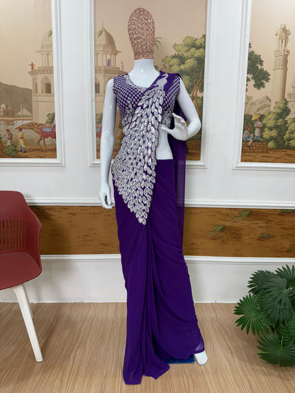 Purple wedding party wear saree embroidery close up - WishTown Fashion Club
