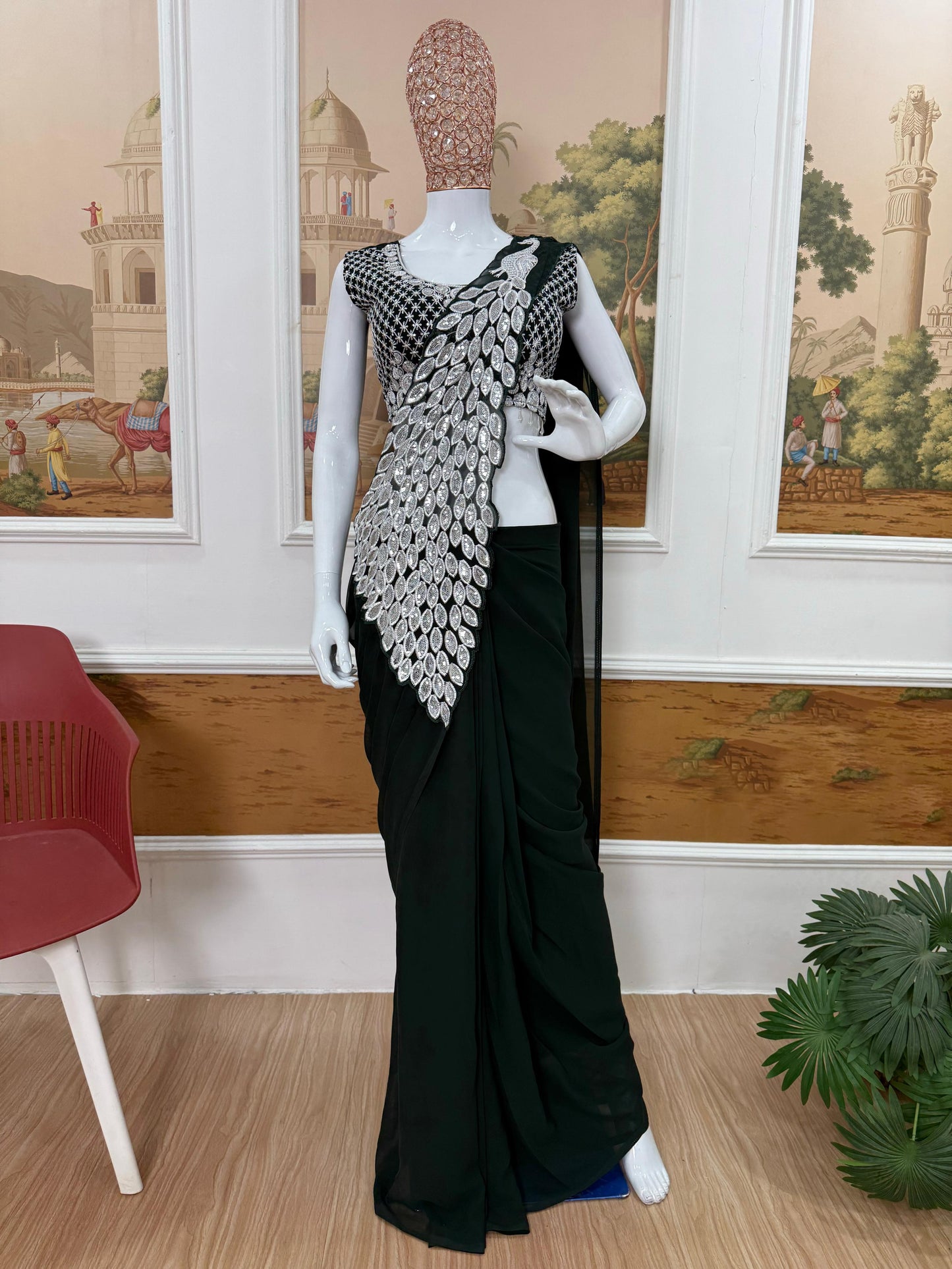 Dark green sequins thread work saree blouse detailed look - WishTown Fashion Club