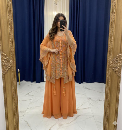 peach kurta plazzo set with sequence embroidery and shrug elegant party wear - WishTown Fashion Club